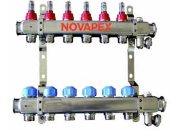 Distribuitor - colector pentru incălzire prin pardoseală NOVAPEX , 1" x 3/4" x 4 căi